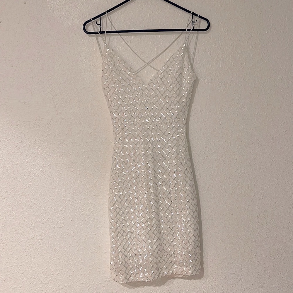 White Sequin Cross Back Mini Dress